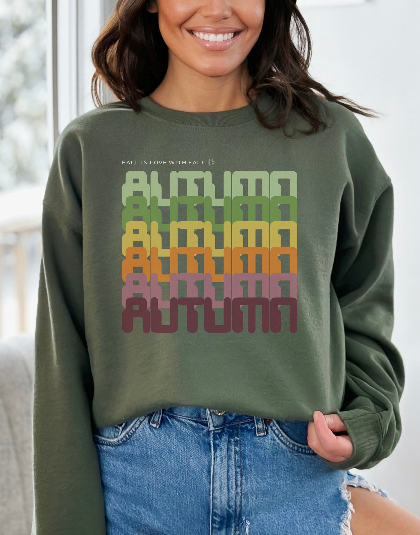 Cute Crew Neck Sweatshirt, Autumn Sweatshirt For Fall Plus size Gildan Sweatshirt, Retro Pullover Sweatshirt for Fall, Army Green Sweatshirt