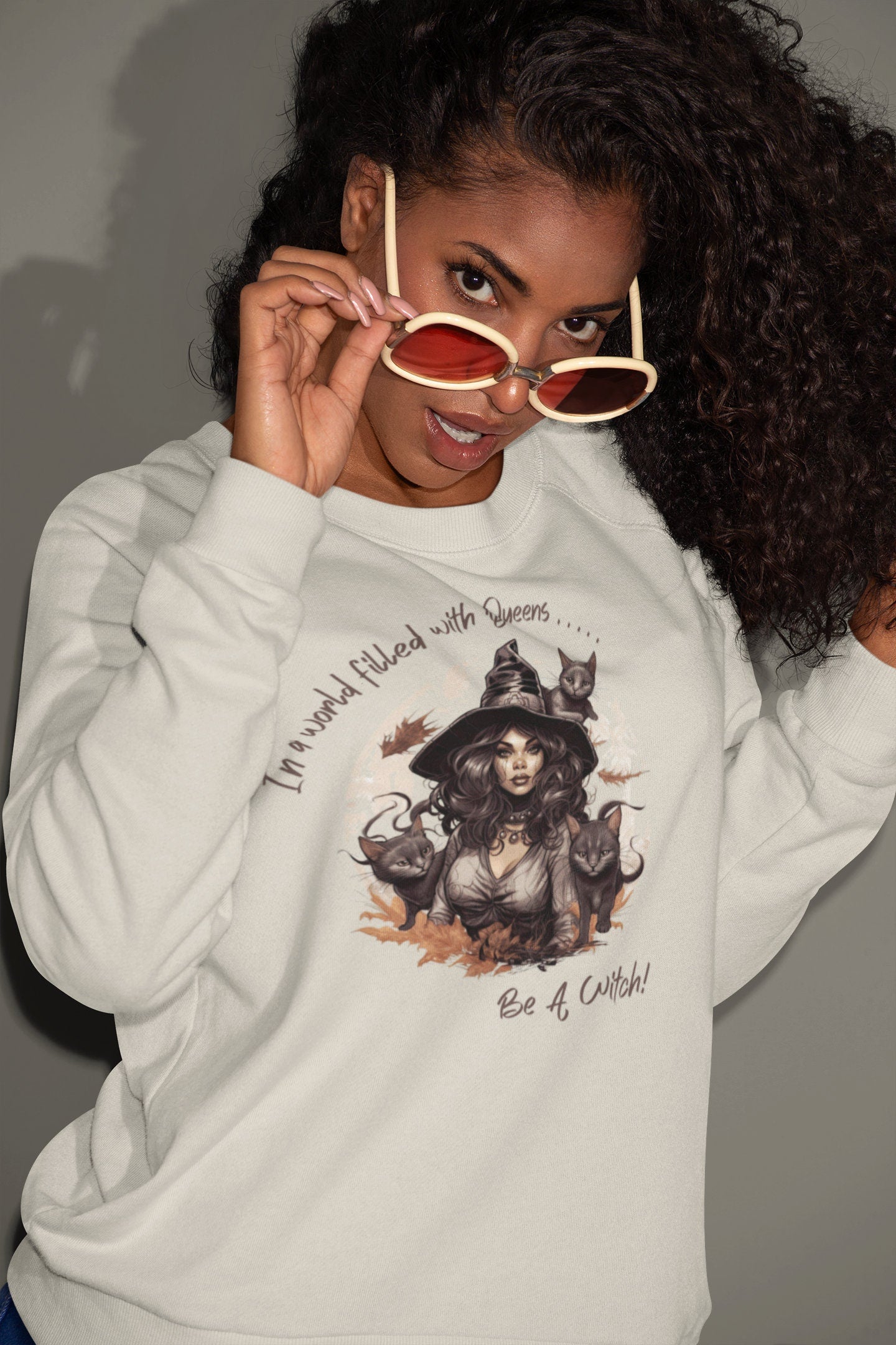 Beige Sweatshirt Funny Witch Crew Neck, Cute Fall Shirt, Plus Size Halloween, Pull Over Black Witch Halloween Sweatshirt, Spooky Sweatshirt