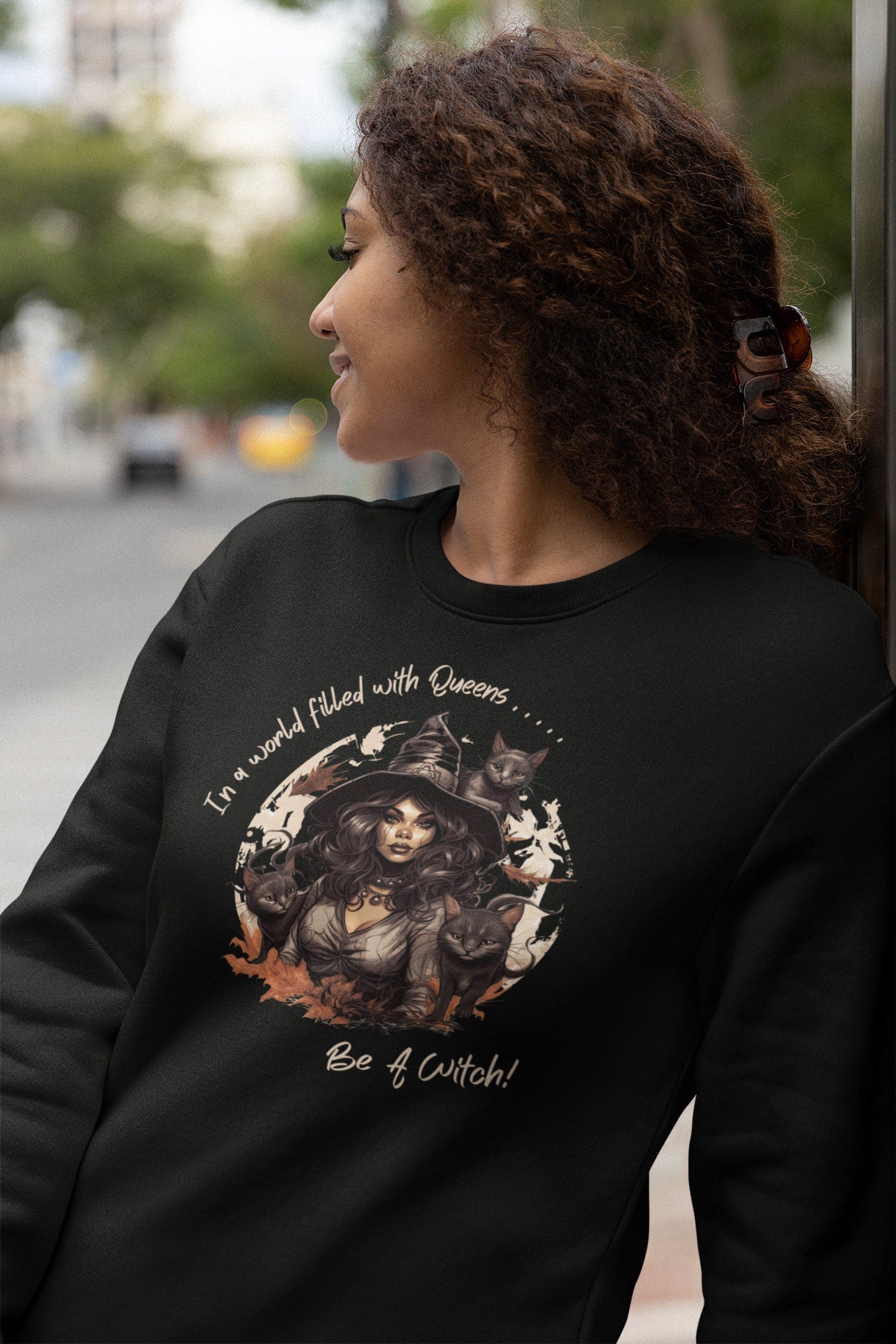 Beige Sweatshirt Funny Witch Crew Neck, Cute Fall Shirt, Plus Size Halloween, Pull Over Black Witch Halloween Sweatshirt, Spooky Sweatshirt