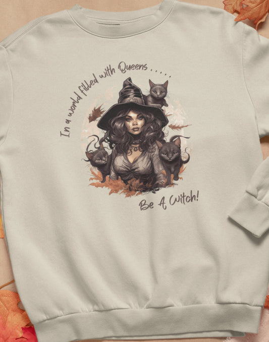 Beige Sweatshirt Funny Witch Crew Neck, Cute Fall Shirt, Plus Size Halloween, Pull Over Black Witch Halloween Sweatshirt, Spooky Sweatshirt