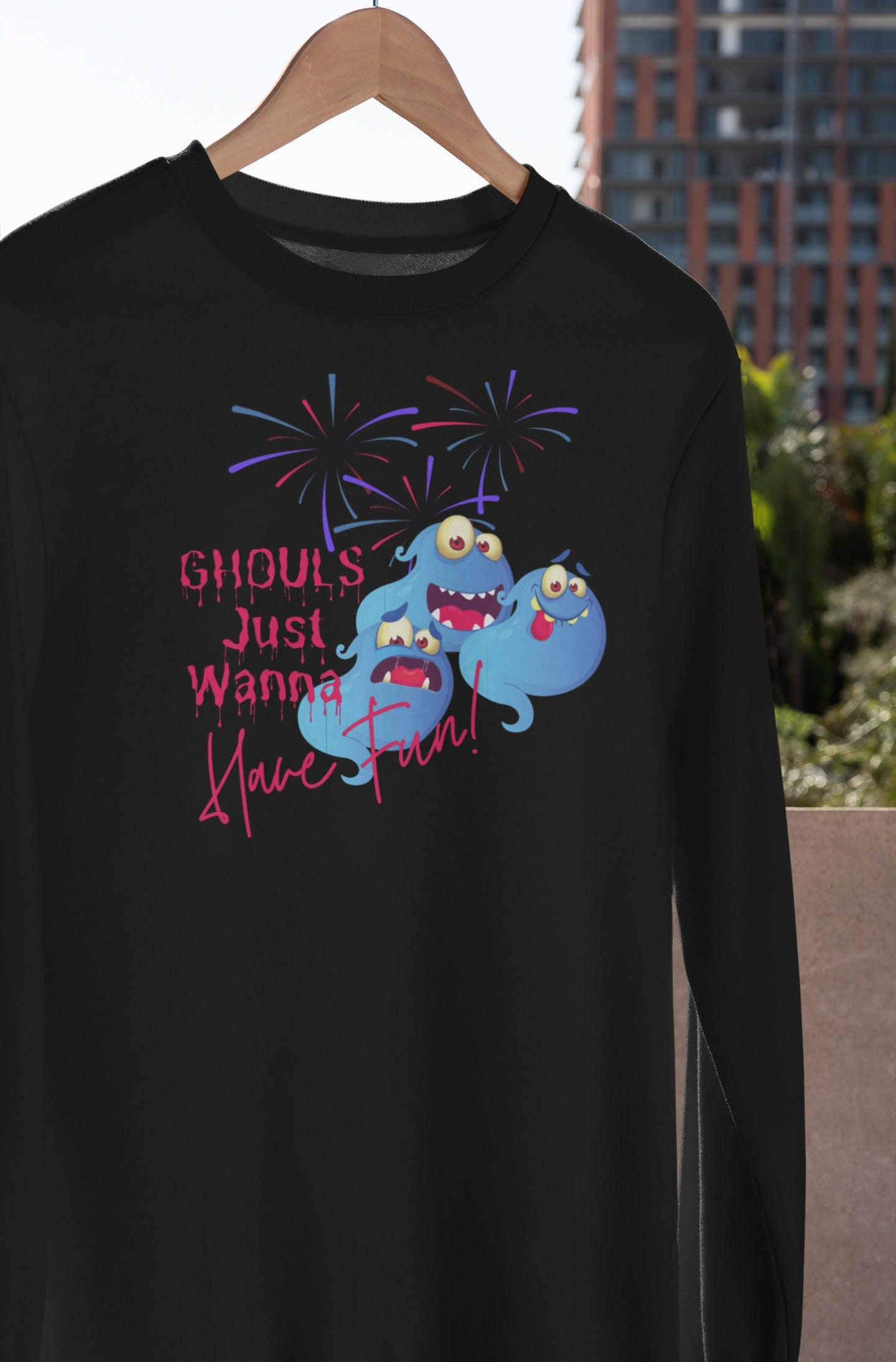 Ghouls Just Wanna Have Fun Sweatshirt For Halloween, Black Plus Size Halloween Pullover, Cute Halloween Long Sleeve Shirt, Fall Crewneck