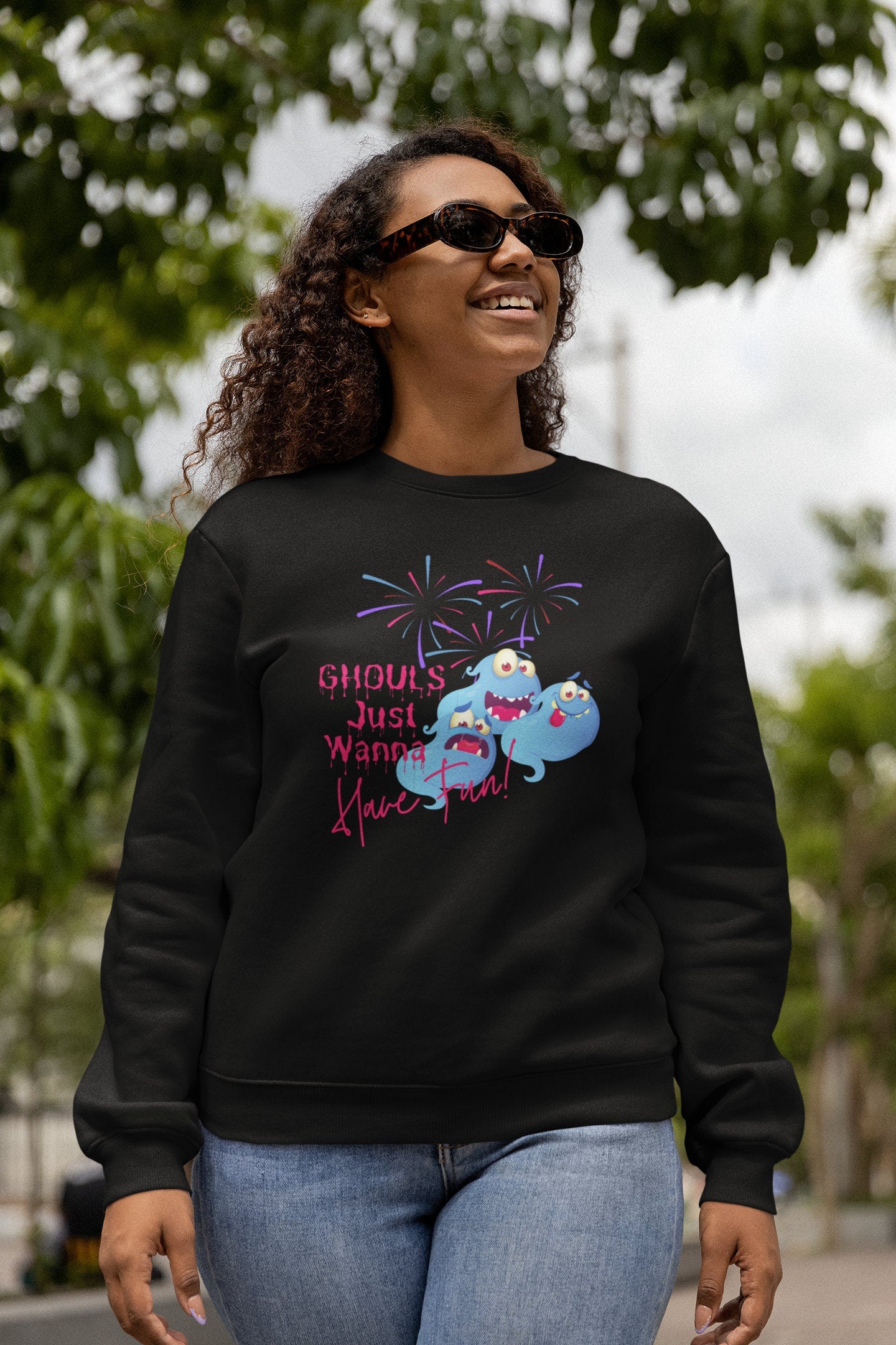 Ghouls Just Wanna Have Fun Sweatshirt For Halloween, Black Plus Size Halloween Pullover, Cute Halloween Long Sleeve Shirt, Fall Crewneck