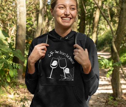 Wine Halloween Hooded Shirt, Black Hoodie for Women, Lift The Spirits Funny Halloween Wine Hoodie, Cute Fall Sweatshirt, Funny Fall Pullover