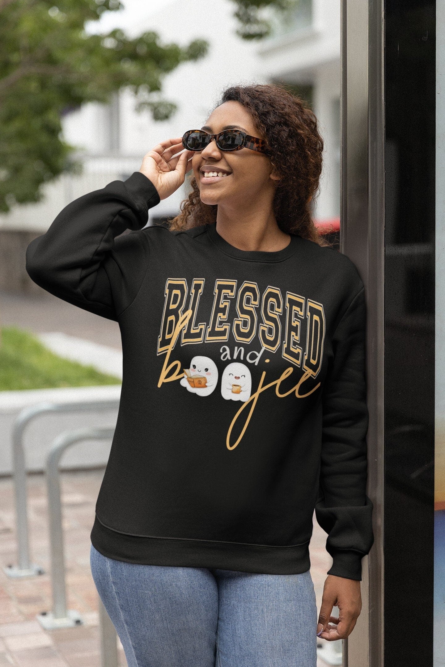 black blessed and boojee sweatshirt with 2 ghosts.