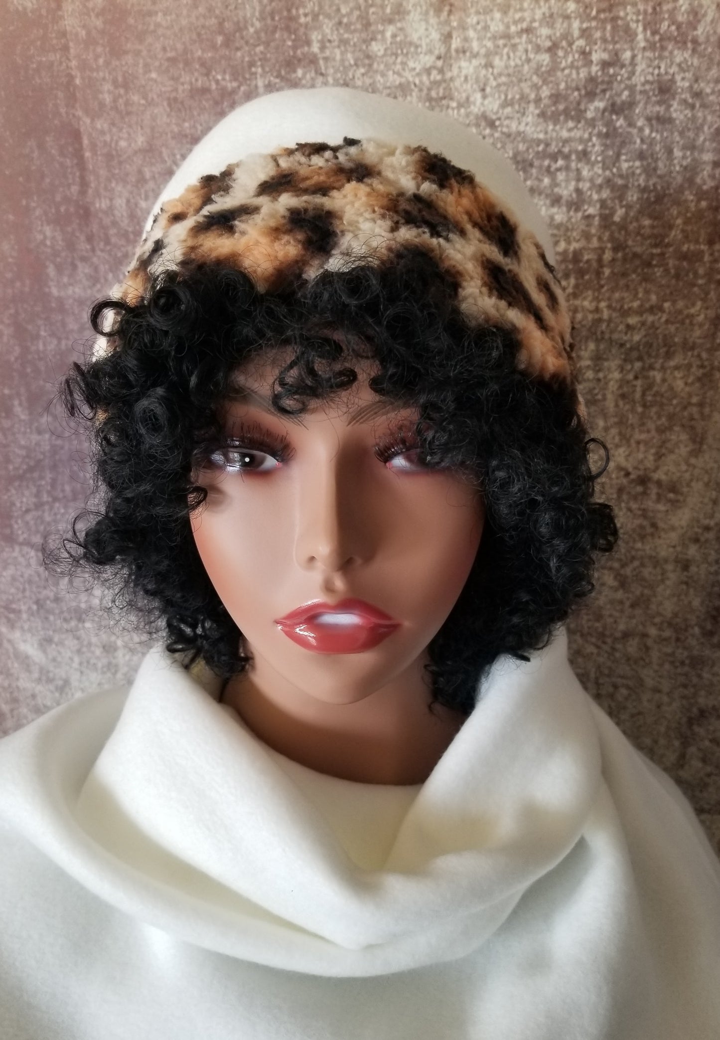 Leopard Print Hat With Sherpa Trim| White Fleece Hat| Lined Sherpa Hat for Winter