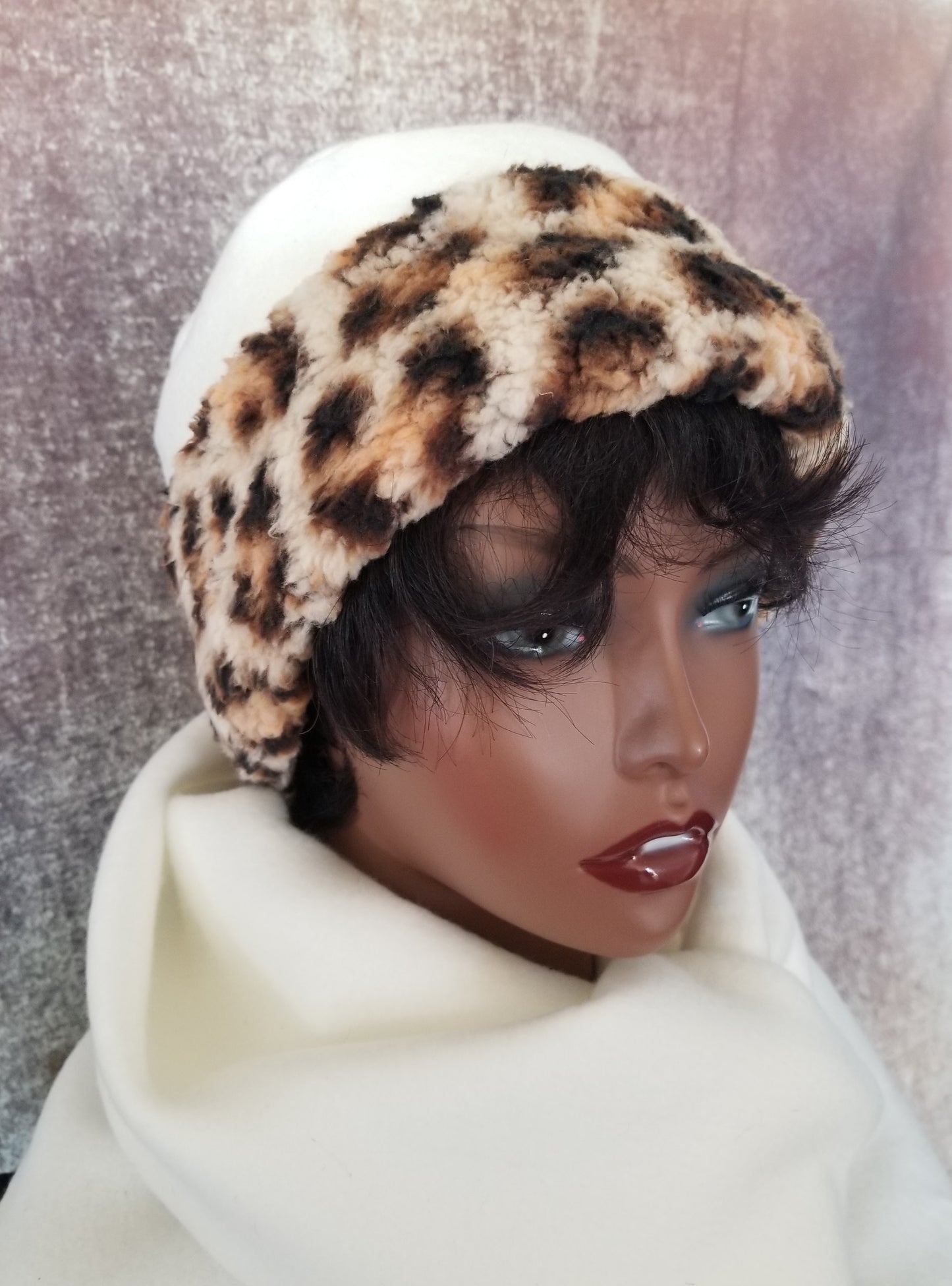 Leopard Print Hat With Sherpa Trim| White Fleece Hat| Lined Sherpa Hat for Winter