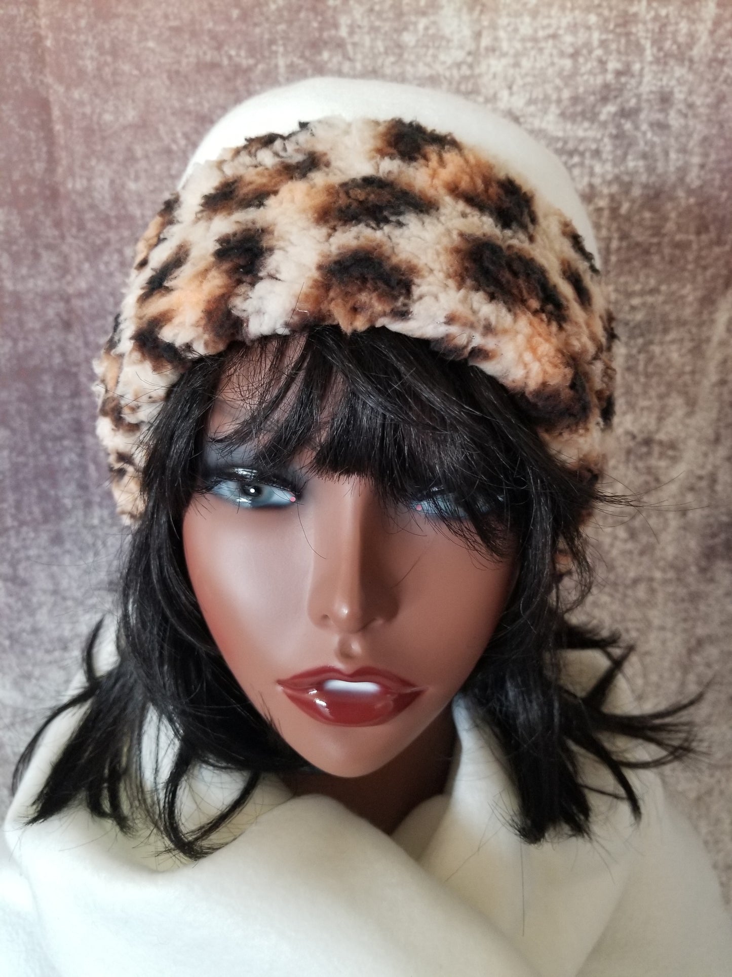 Leopard Print Hat With Sherpa Trim| White Fleece Hat| Lined Sherpa Hat for Winter