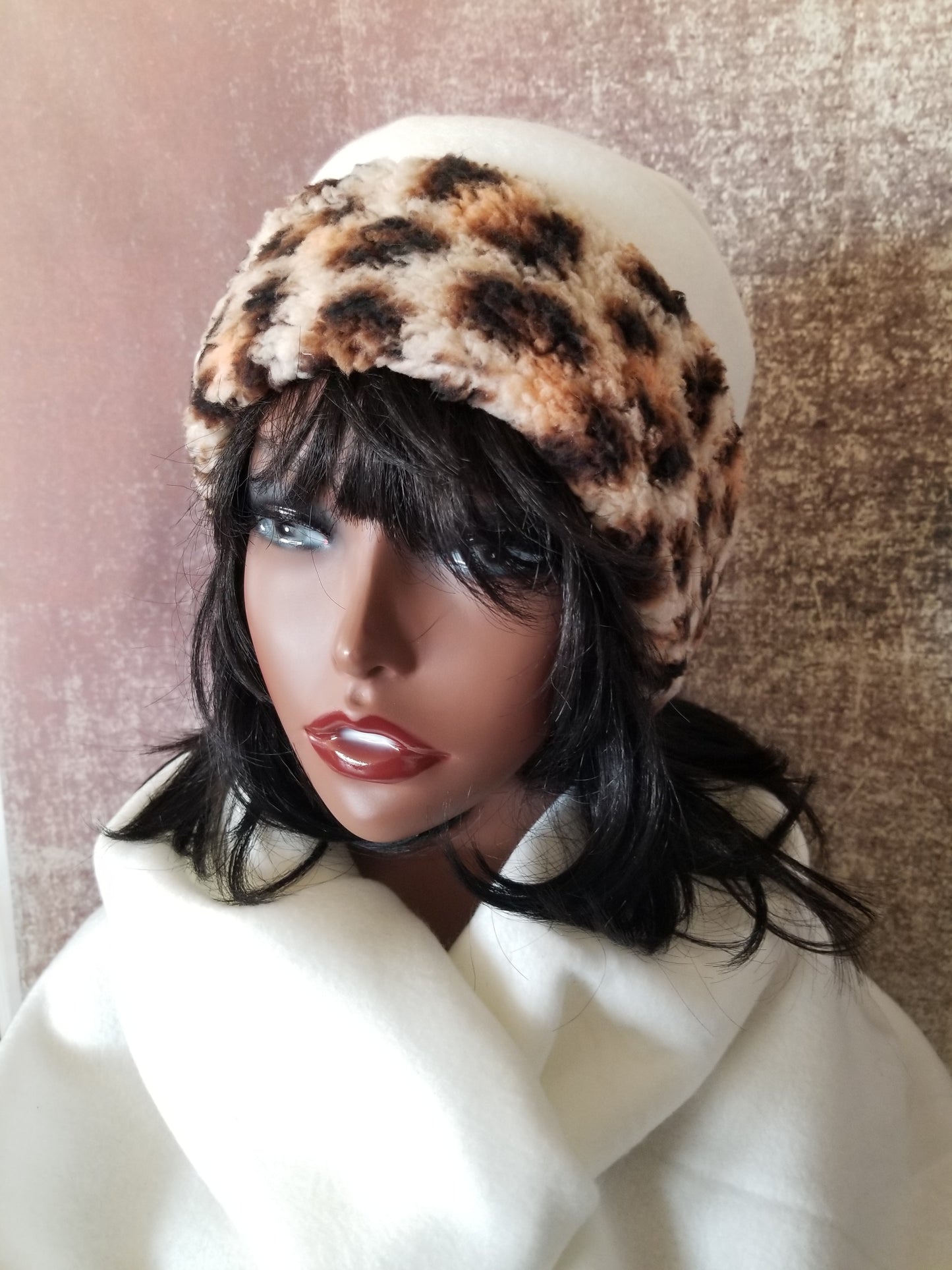 Leopard Print Hat With Sherpa Trim| White Fleece Hat| Lined Sherpa Hat for Winter