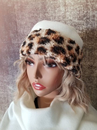 Leopard Print Hat With Sherpa Trim| White Fleece Hat| Lined Sherpa Hat for Winter