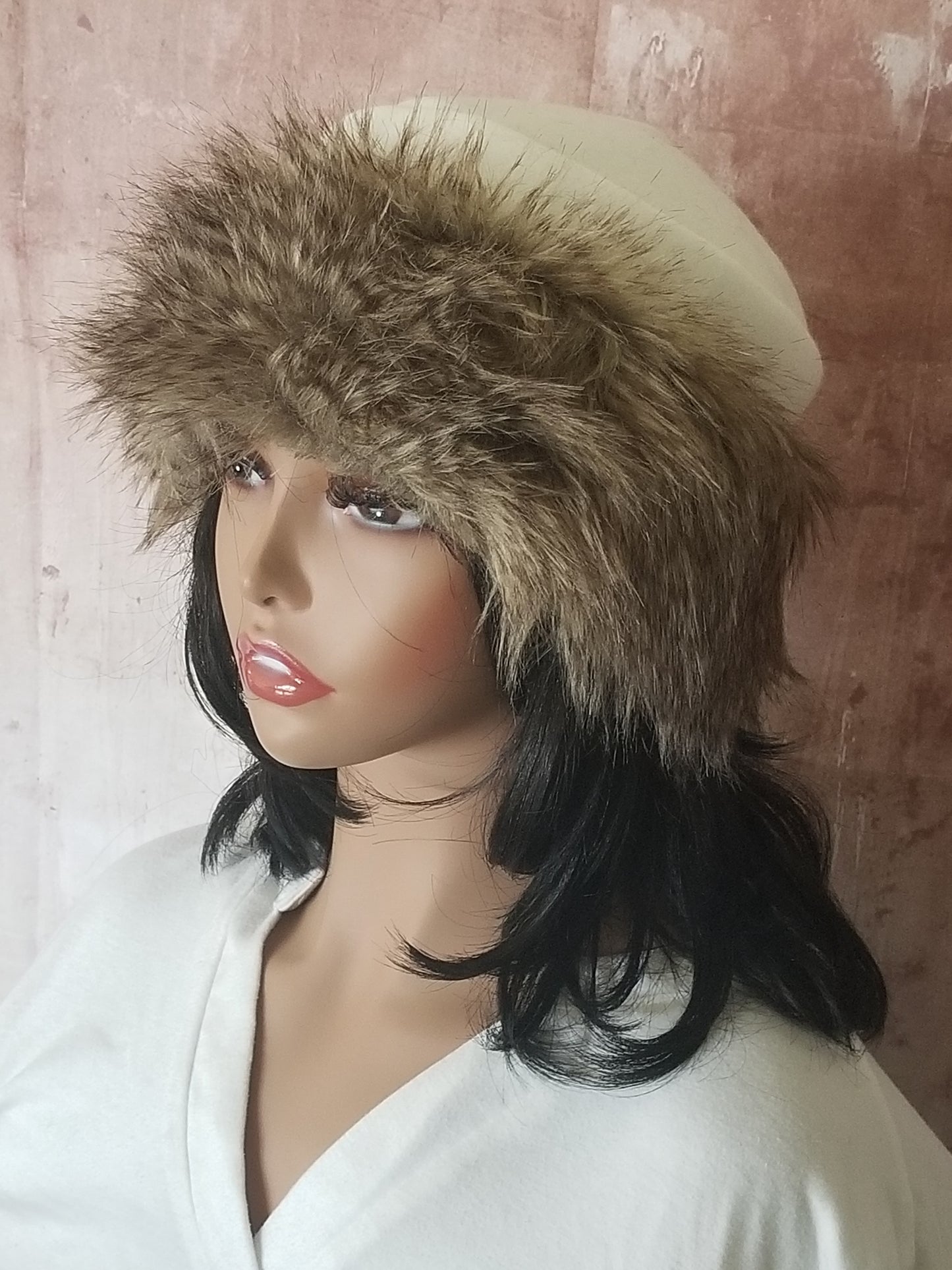 Winter White Hat With Faux Fur Trim| Lined Fur Hat for Winter