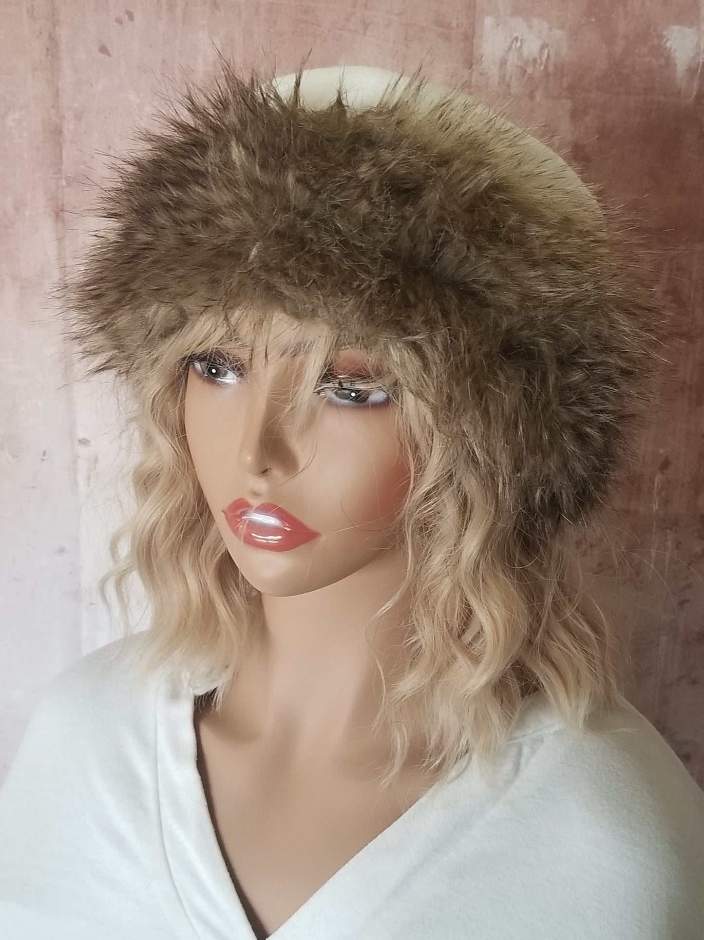 Winter White Hat With Faux Fur Trim| Lined Fur Hat for Winter