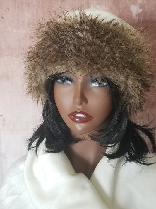 Winter White Hat With Faux Fur Trim| Lined Fur Hat for Winter